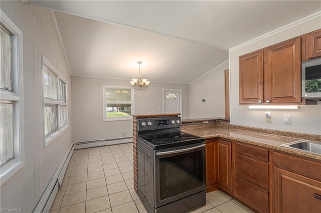 kitchen featuring lofted ceiling, an inviting chandelier, electric range, light tile patterned floors, and a baseboard radiator