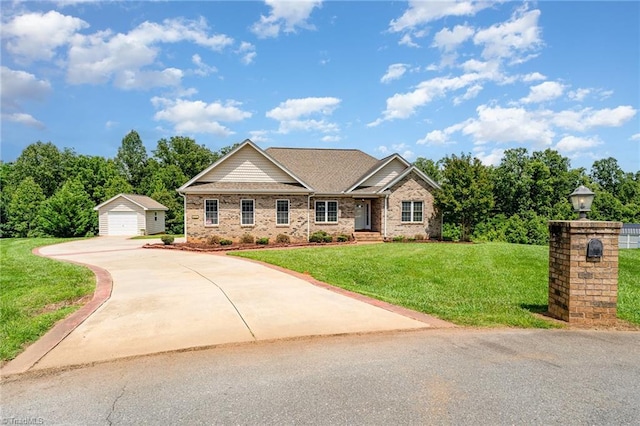 4060 Tarmac Dr, Sophia, NC 27350 - craftsman-style house featuring an outdoor structure, a garage, a front yard, brick siding, and driveway