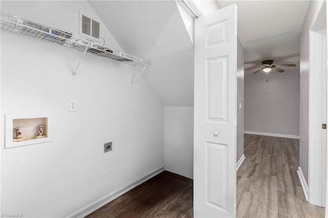 washroom featuring electric dryer hookup, ceiling fan, washer hookup, and hardwood / wood-style flooring