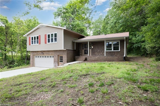 2725 New Walkertown Rd, Winston-Salem, NC 27105 - split level home with brick siding, an attached garage, driveway, and a front lawn