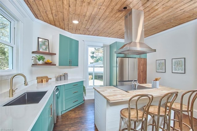 523 N Main St, Graham, NC 27253 - kitchen with crown molding, a sink, island range hood, wooden ceiling, and stainless steel fridge