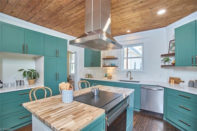 523 N Main St, Graham, NC 27253 - kitchen with wooden ceiling, stainless steel dishwasher, range, and open shelves