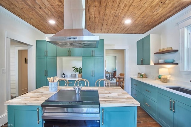 523 N Main St, Graham, NC 27253 - kitchen featuring butcher block countertops, wooden ceiling, island exhaust hood, open shelves, and ornamental molding
