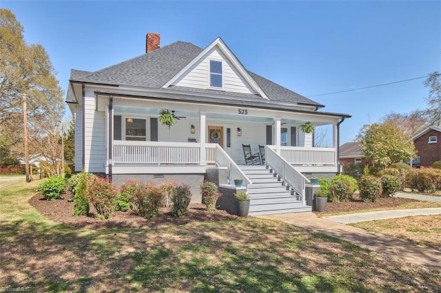 523 N Main St, Graham, NC 27253 - bungalow with covered porch, roof with shingles, a chimney, and stairs