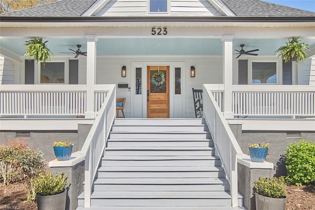523 N Main St, Graham, NC 27253 - property entrance with covered porch, ceiling fan, and a shingled roof