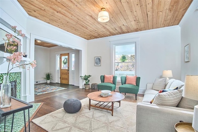 523 N Main St, Graham, NC 27253 - living area with wood finished floors, baseboards, ornamental molding, and wooden ceiling