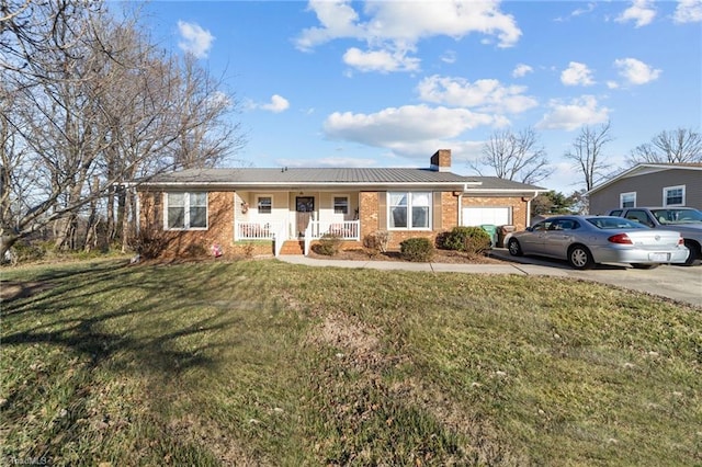 ranch-style home featuring a garage, concrete driveway, a chimney, a porch, and brick siding