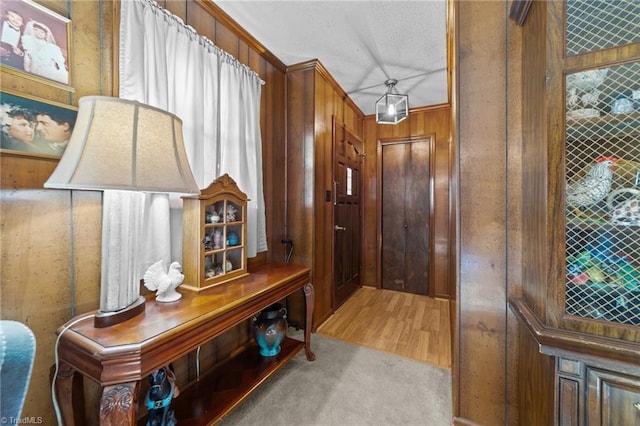 hallway with wood walls, carpet, a textured ceiling, and wood finished floors