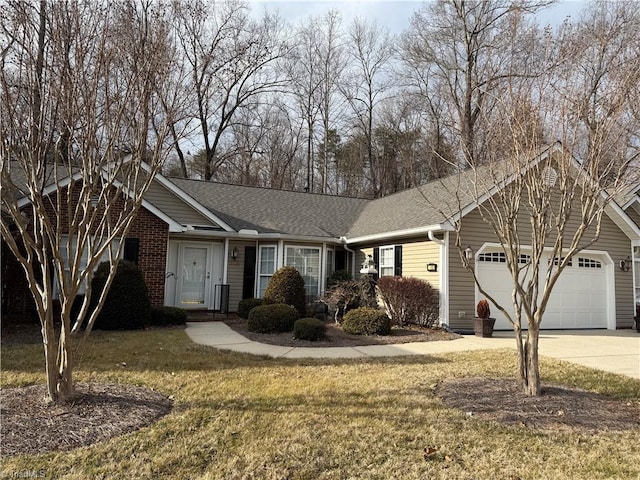 single story home featuring a garage and a front yard