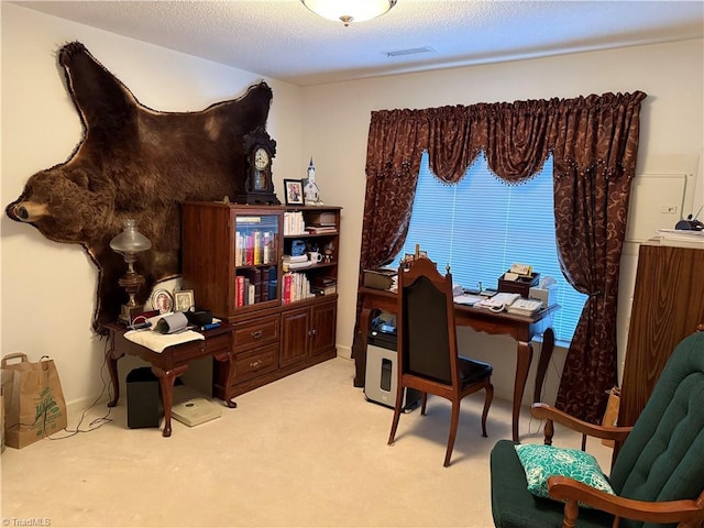 office featuring light carpet and a textured ceiling