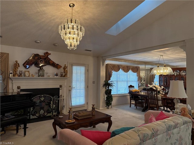 carpeted living room with vaulted ceiling and a notable chandelier