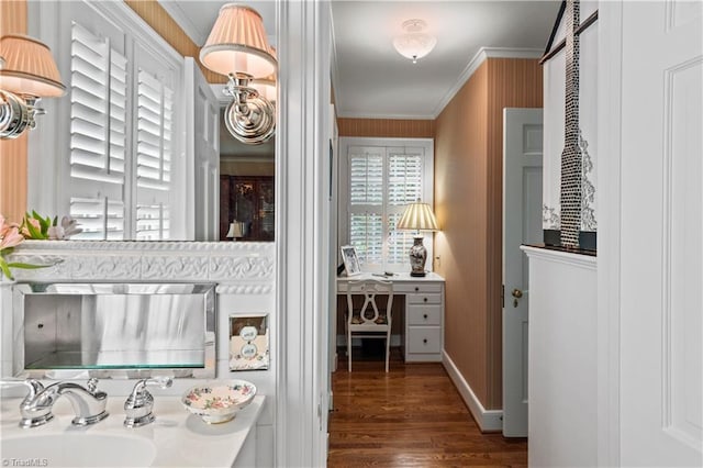 bathroom with a sink, wood finished floors, and ornamental molding