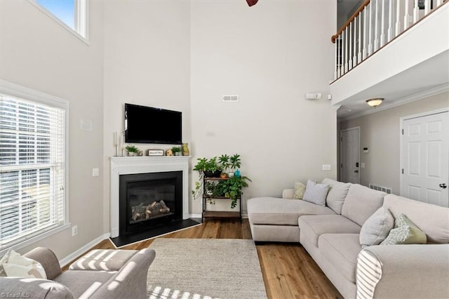 living room featuring light hardwood / wood-style floors, a high ceiling, and ornamental molding