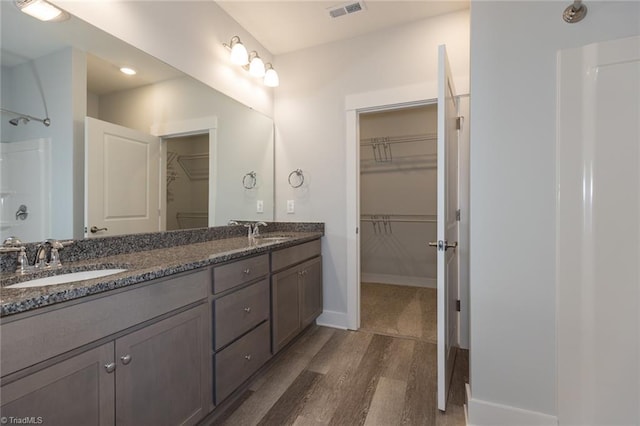 206 Cason Dr, Gibsonville, NC 27249 - bathroom featuring wood finished floors, double vanity, a shower, baseboards, and a spacious closet