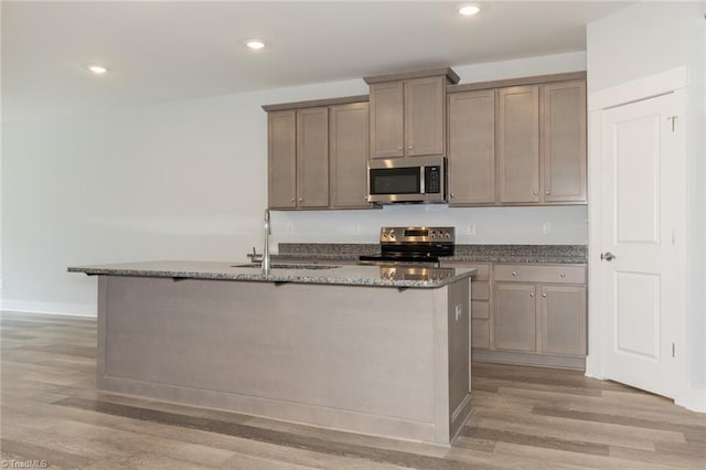 206 Cason Dr, Gibsonville, NC 27249 - kitchen featuring stainless steel appliances, a sink, light wood finished floors, dark stone counters, and a center island with sink