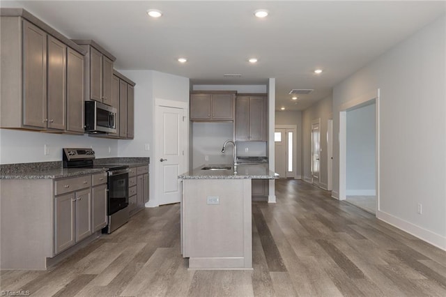 206 Cason Dr, Gibsonville, NC 27249 - kitchen with appliances with stainless steel finishes, light wood-style floors, a sink, a center island with sink, and recessed lighting