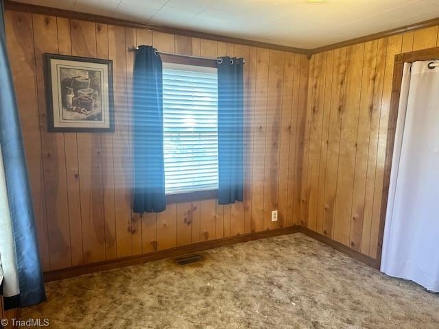 carpeted empty room with wooden walls