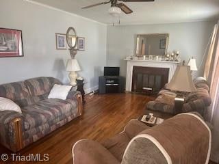 living room with dark hardwood / wood-style flooring and ceiling fan