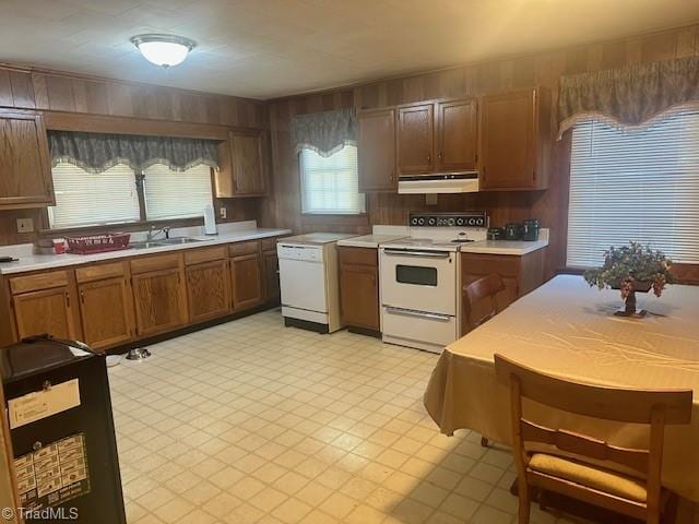 kitchen featuring white appliances, exhaust hood, and sink