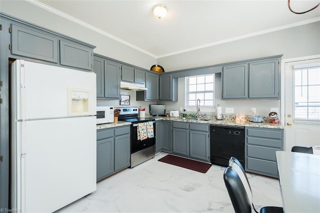 kitchen featuring under cabinet range hood, white appliances, a sink, marble finish floor, and ornamental molding