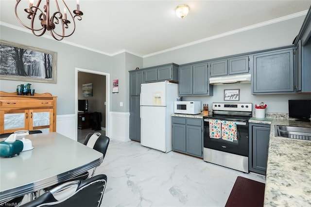 kitchen with under cabinet range hood, white appliances, marble finish floor, decorative light fixtures, and crown molding