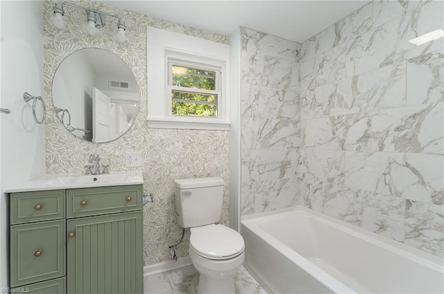 304 Louise Ave, High Point, NC 27262 - bathroom with marble look tiles, toilet, vanity, baseboards, and wallpapered walls
