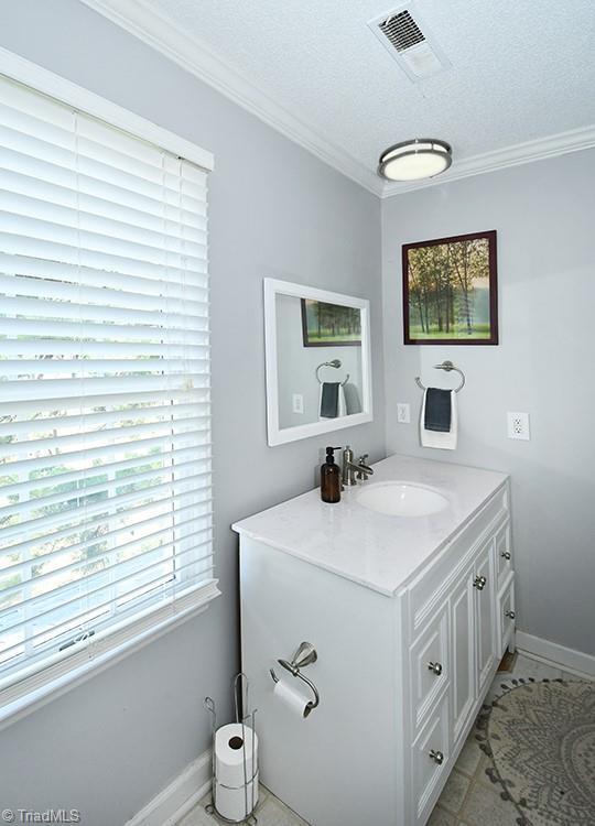 5467 Moravian Heights Ln, Clemmons, NC 27012 - bathroom with crown molding, vanity, and a textured ceiling