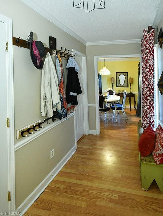 mudroom with ornamental molding and hardwood / wood-style floors