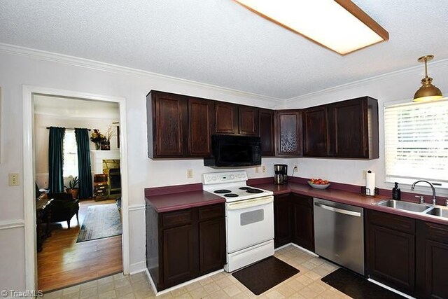5467 Moravian Heights Ln, Clemmons, NC 27012 - kitchen featuring dishwasher, white range with electric stovetop, black microwave, dark countertops, and light floors