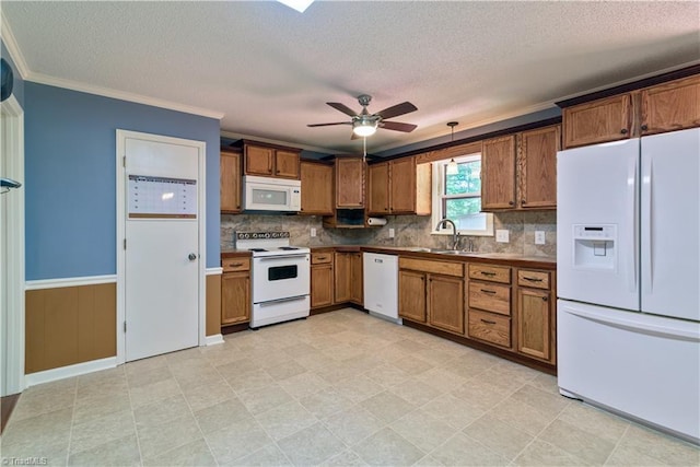 1625 Eagle Crest Dr, Pfafftown, NC 27040 - kitchen with white appliances, ornamental molding, a textured ceiling, a sink, and decorative backsplash