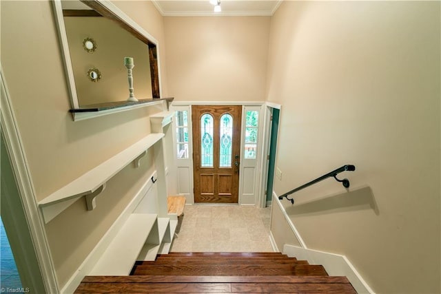 1625 Eagle Crest Dr, Pfafftown, NC 27040 - foyer entrance featuring crown molding and stairway