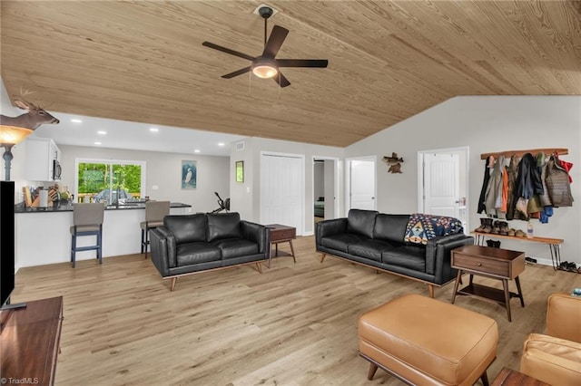 living room with light wood finished floors, a ceiling fan, recessed lighting, wooden ceiling, and vaulted ceiling