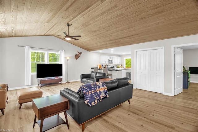 living area with light wood-style floors, wood ceiling, a ceiling fan, and a healthy amount of sunlight