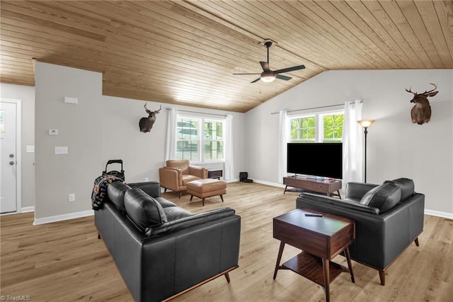 living area with wood ceiling, ceiling fan, light wood-type flooring, baseboards, and lofted ceiling