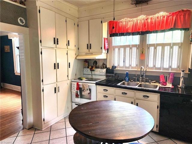 kitchen with black dishwasher, white range with electric cooktop, a sink, crown molding, and under cabinet range hood