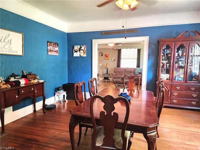 dining room with ceiling fan, wood finished floors, and a textured wall