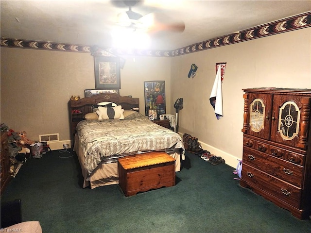 bedroom featuring carpet flooring, a ceiling fan, and baseboards