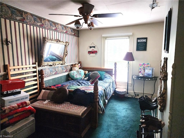 carpeted bedroom with ceiling fan