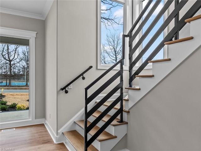 stairs with ornamental molding and hardwood / wood-style floors