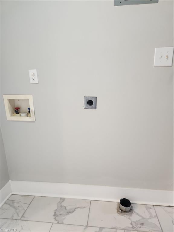 clothes washing area with washer hookup, marble finish floor, hookup for an electric dryer, laundry area, and baseboards