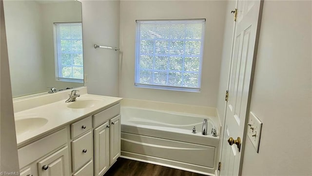 full bath with double vanity, plenty of natural light, a bath, and a sink