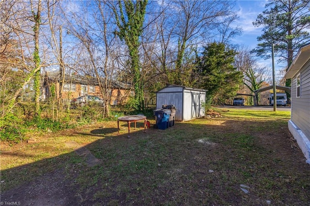 view of yard with a carport and a storage shed