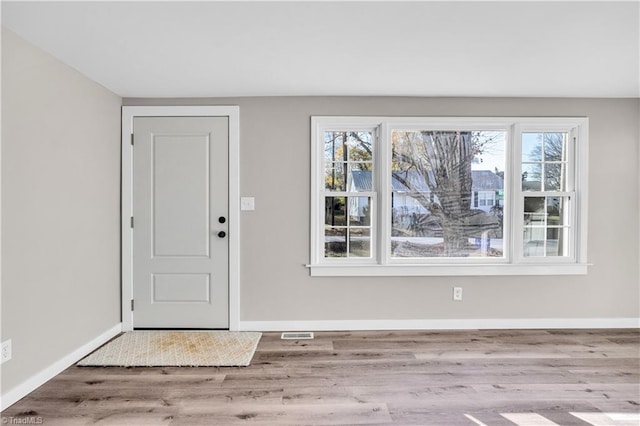 foyer entrance with light hardwood / wood-style floors and a wealth of natural light