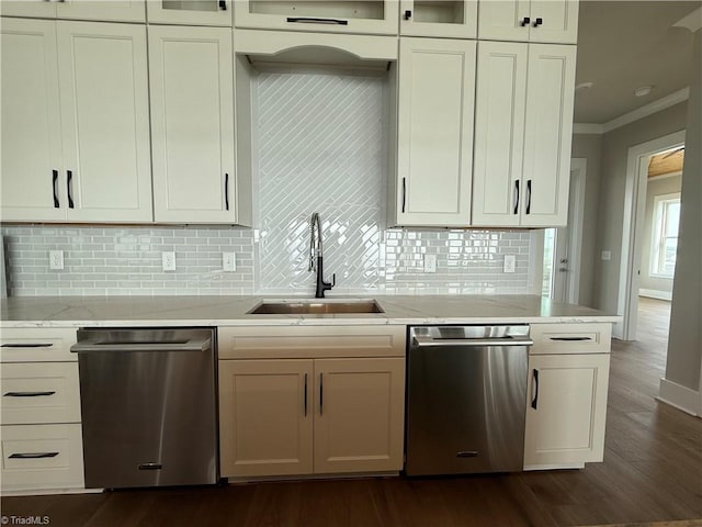 3048 Island Dr, Northtopsail Beach, NC 28460 - kitchen with dark wood finished floors, a sink, ornamental molding, and dishwasher