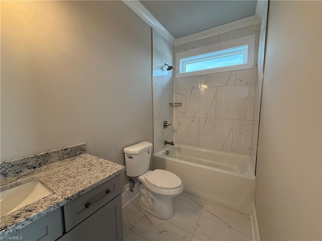3048 Island Dr, Northtopsail Beach, NC 28460 - bathroom with toilet, vanity,  shower combination, marble finish floor, and baseboards