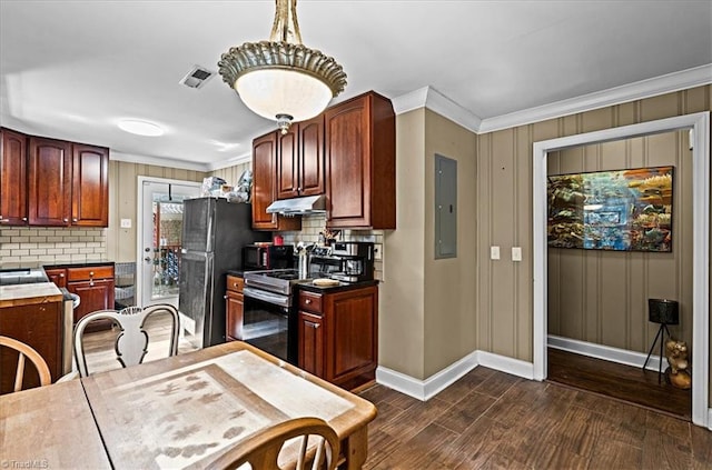 3941 Vest Mill Rd, Winston-Salem, NC 27103 - kitchen with under cabinet range hood, electric panel, stainless steel electric range oven, baseboards, and decorative backsplash
