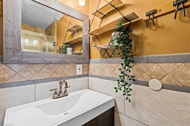 3941 Vest Mill Rd, Winston-Salem, NC 27103 - bathroom featuring tile walls, vanity, and a shower