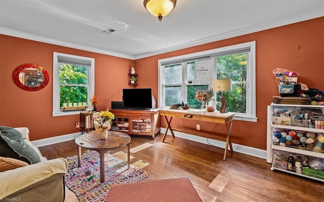 3941 Vest Mill Rd, Winston-Salem, NC 27103 - living area featuring ornamental molding, baseboards, and wood finished floors