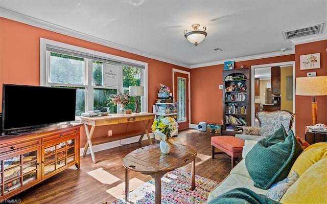 3941 Vest Mill Rd, Winston-Salem, NC 27103 - living area with crown molding, wood finished floors, baseboards, and a desk