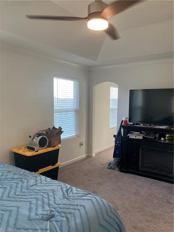 5304 Smoky Ridge Ln, Winston-Salem, NC 27127 - carpeted bedroom featuring ornamental molding, arched walkways, a ceiling fan, and baseboards